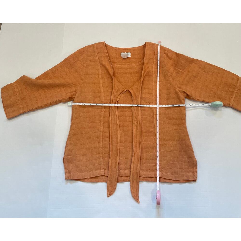 Mosaic USA Peach / Light Orange Tie Front 3/4 Sleeve Linen Blouse, Size S - Picture 9 of 11